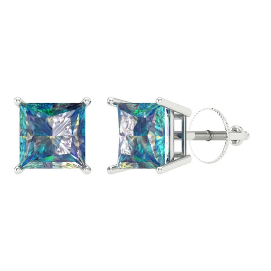 3 ctw Blue Moissanite Studs Earrings | 6.5mm Princess Cut White Gold Screw back | April Birthstone