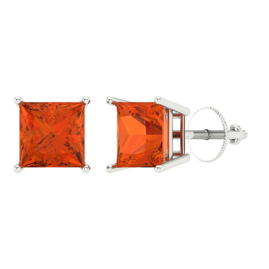 3 ctw Red Zirconia Studs Earrings | 6.5mm Princess Cut White Gold Screw back | April Birthstone