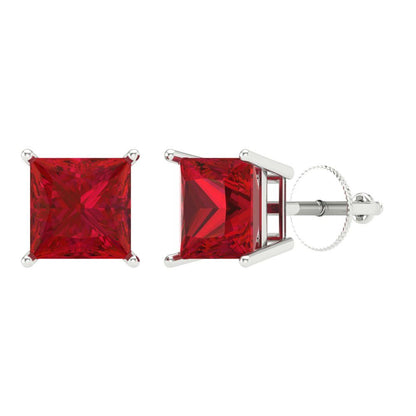 3 ctw Ruby Studs Earrings | 6.5mm Princess Cut White Gold Screw back | July Birthstone