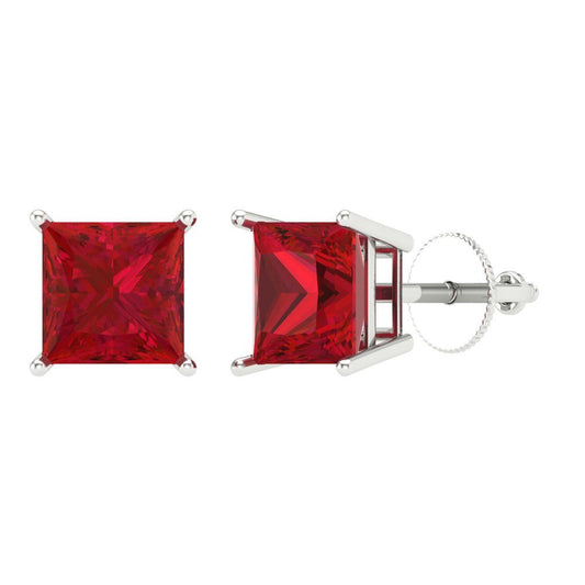 3 ctw Ruby Studs Earrings | 6.5mm Princess Cut White Gold Screw back | July Birthstone