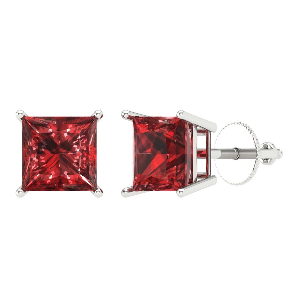 3 ctw Garnet Studs Earrings | 6.5mm Princess Cut White Gold Screw back | January Birthstone