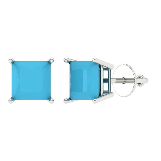3 ctw Turquoise Studs Earrings | 6.5mm Princess Cut White Gold Screw back | December Birthstone