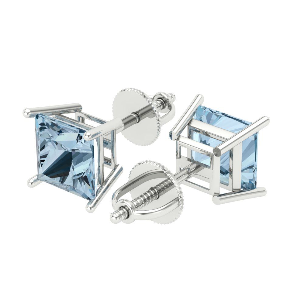 3 ctw Blue Zirconia Studs Earrings | 6.5mm Princess Cut White Gold Screw back | April Birthstone