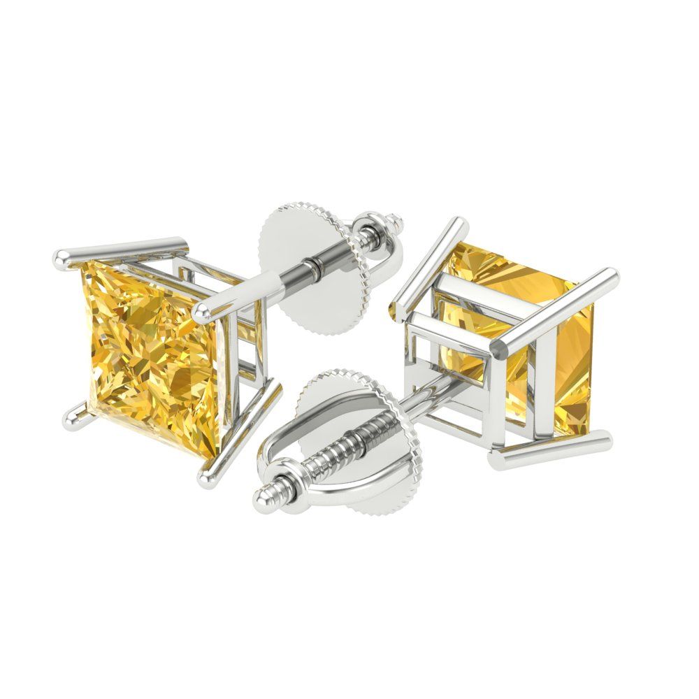 3 ctw Yellow Zirconia Studs Earrings | 6.5mm Princess Cut White Gold Screw back | April Birthstone