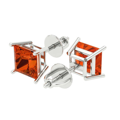 3 ctw Red Zirconia Studs Earrings | 6.5mm Princess Cut White Gold Screw back | April Birthstone