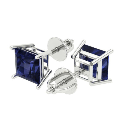 3 ctw Blue Sapphire Studs Earrings | 6.5mm Princess Cut White Gold Screw back | September Birthstone