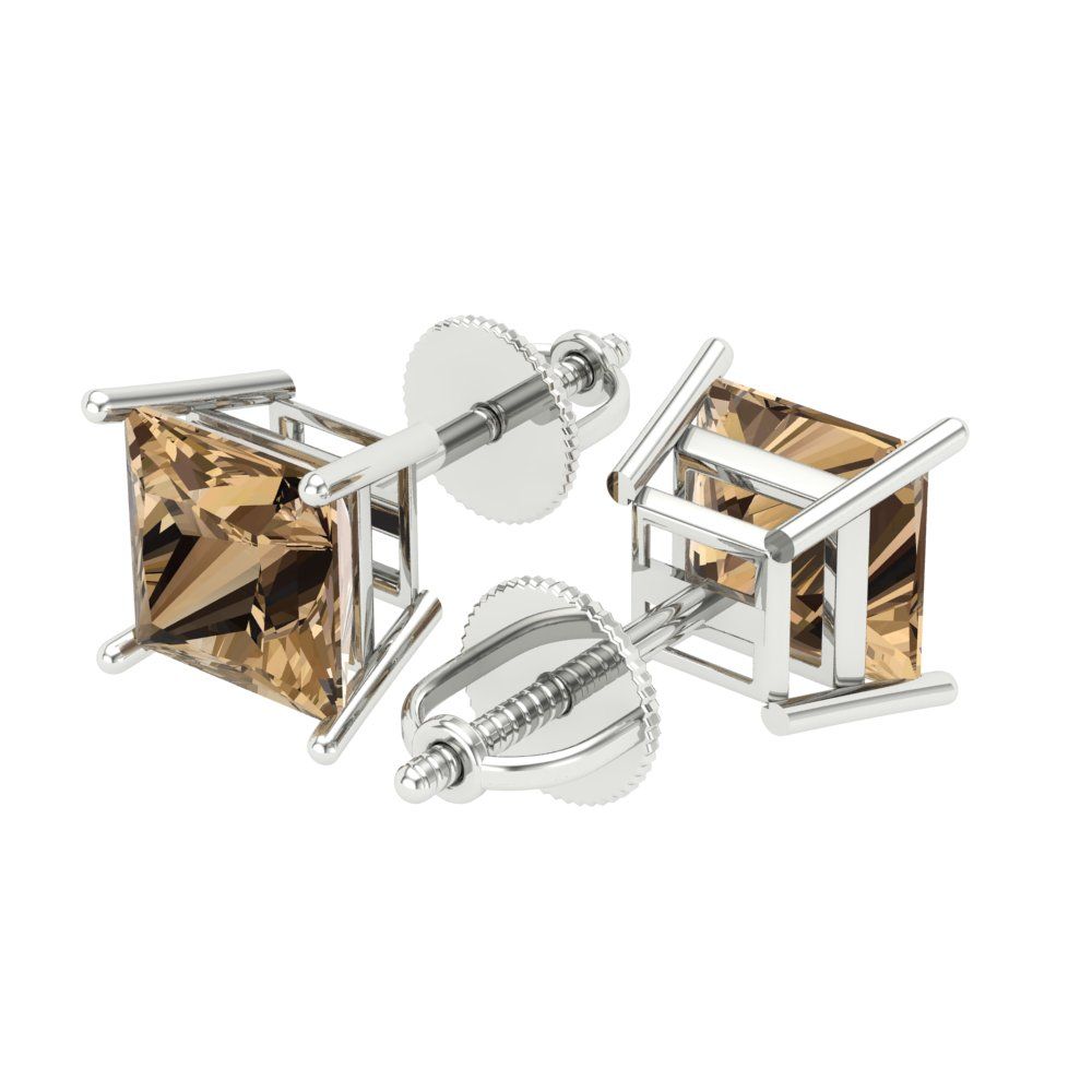 3 ctw Champagne Studs Earrings | 6.5mm Princess Cut White Gold Screw back | April Birthstone