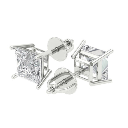 3 ctw White Sapphire Studs Earrings | 6.5mm Princess Cut White Gold Screw back | April Birthstone
