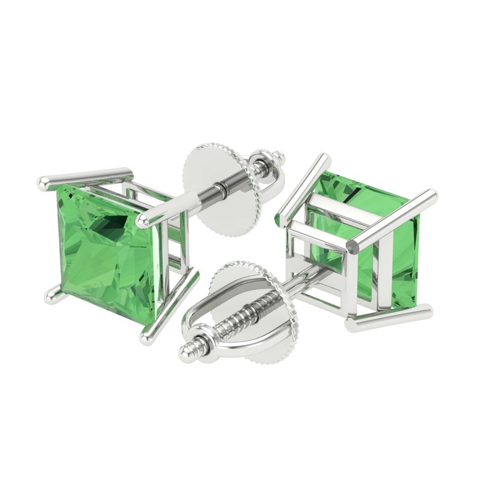 3 ctw Green Zirconia Studs Earrings | 6.5mm Princess Cut White Gold Screw back | April Birthstone