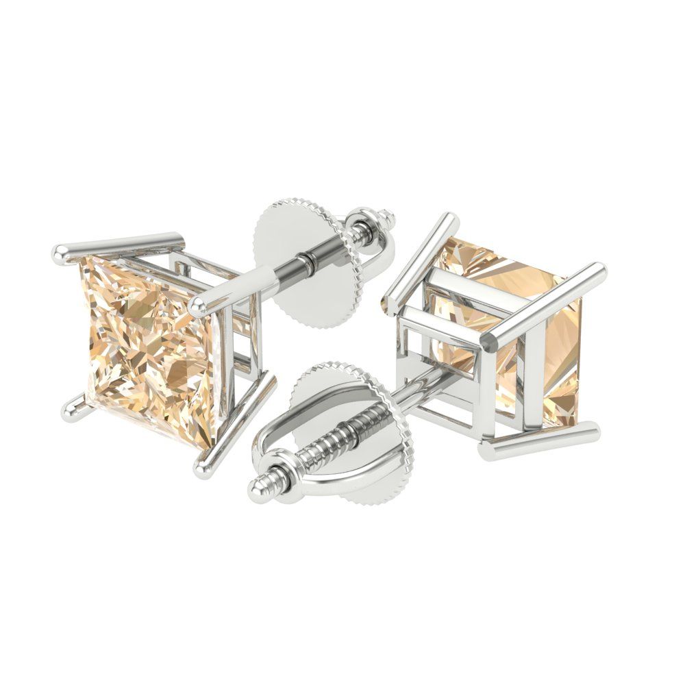 3 ctw Morganite Studs Earrings | 6.5mm Princess Cut White Gold Screw back | February Birthstone