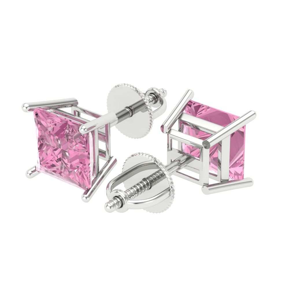 3 ctw Pink Zirconia Studs Earrings | 6.5mm Princess Cut White Gold Screw back | April Birthstone