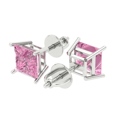 3 ctw Pink Zirconia Studs Earrings | 6.5mm Princess Cut White Gold Screw back | April Birthstone