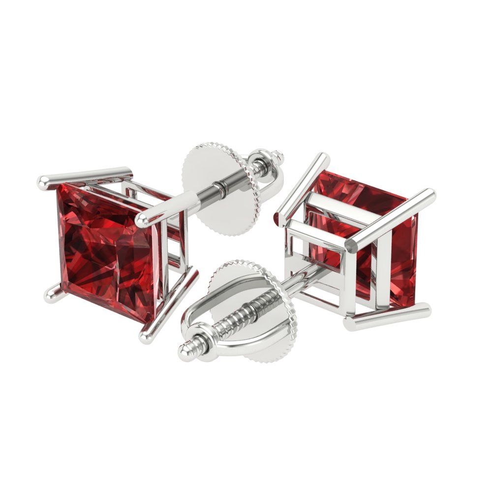 3 ctw Garnet Studs Earrings | 6.5mm Princess Cut White Gold Screw back | January Birthstone