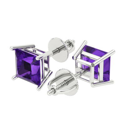 3 ctw Amethyst Studs Earrings | 6.5mm Princess Cut White Gold Screw back | February Birthstone