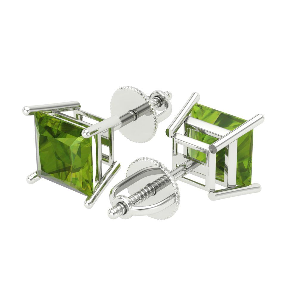 3 ctw Peridot Studs Earrings | 6.5mm Princess Cut White Gold Screw back | August Birthstone