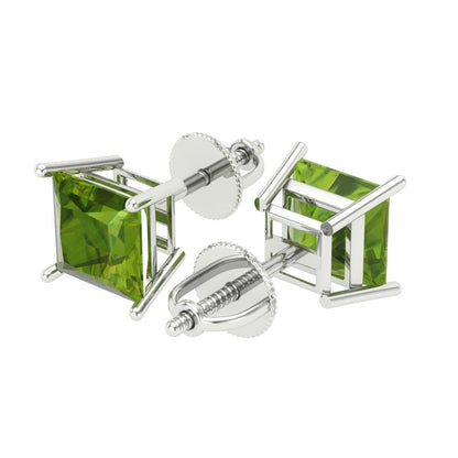 3 ctw Peridot Studs Earrings | 6.5mm Princess Cut White Gold Screw back | August Birthstone