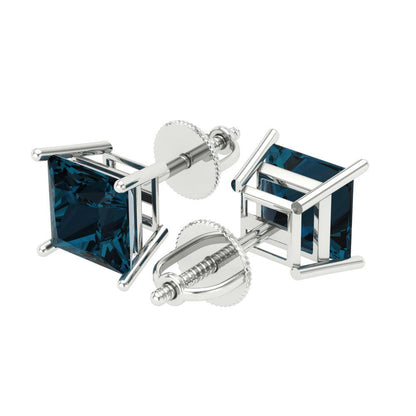 3 ctw London Blue Topaz Studs Earrings | 6.5mm Princess Cut White Gold Screw back | December Birthstone