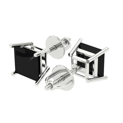 3 ctw Onyx Studs Earrings | 6.5mm Princess Cut White Gold Screw back | July Birthstone