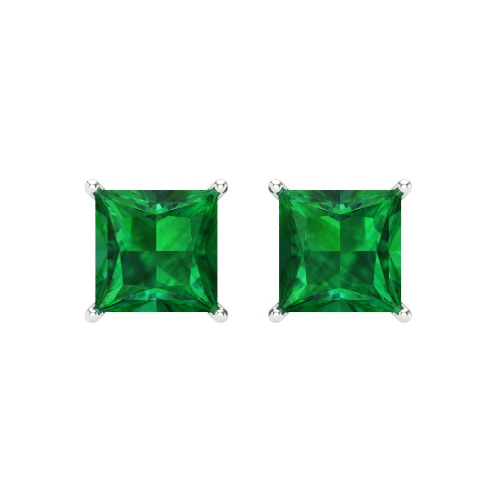 3 ctw Emerald Studs Earrings | 6.5mm Princess Cut White Gold Screw back | May Birthstone