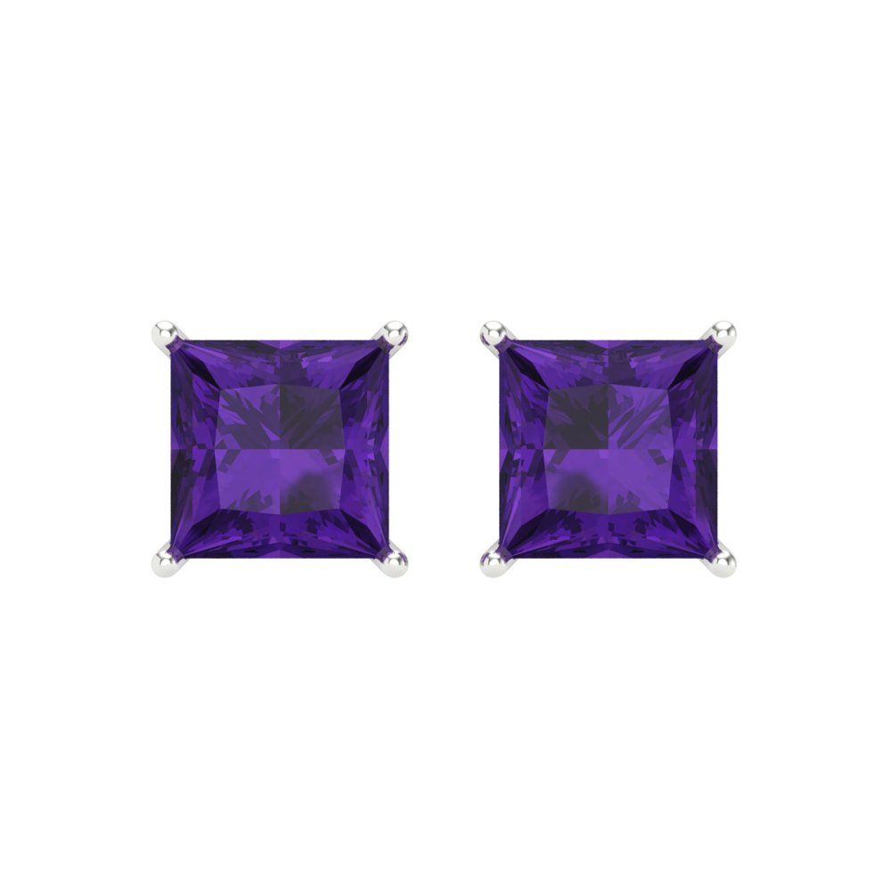 3 ctw Amethyst Studs Earrings | 6.5mm Princess Cut White Gold Screw back | February Birthstone