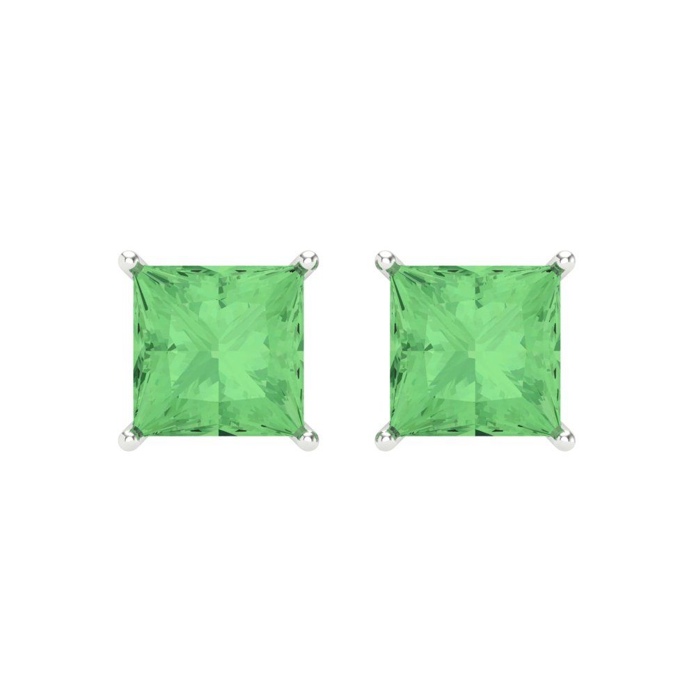 3 ctw Green Zirconia Studs Earrings | 6.5mm Princess Cut White Gold Screw back | April Birthstone