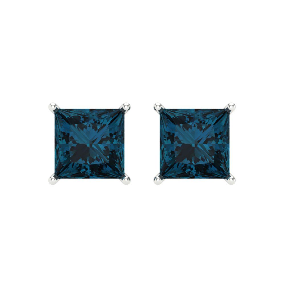 3 ctw London Blue Topaz Studs Earrings | 6.5mm Princess Cut White Gold Screw back | December Birthstone