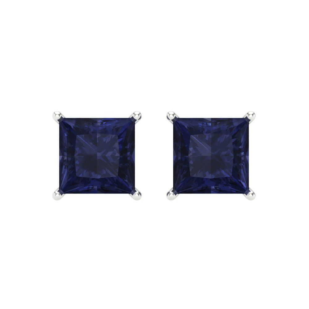 3 ctw Blue Sapphire Studs Earrings | 6.5mm Princess Cut White Gold Screw back | September Birthstone