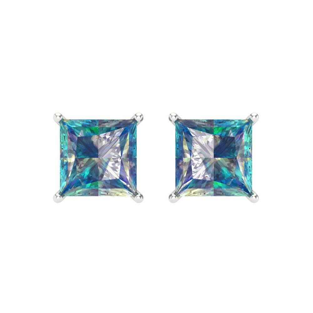 3 ctw Blue Moissanite Studs Earrings | 6.5mm Princess Cut White Gold Screw back | April Birthstone