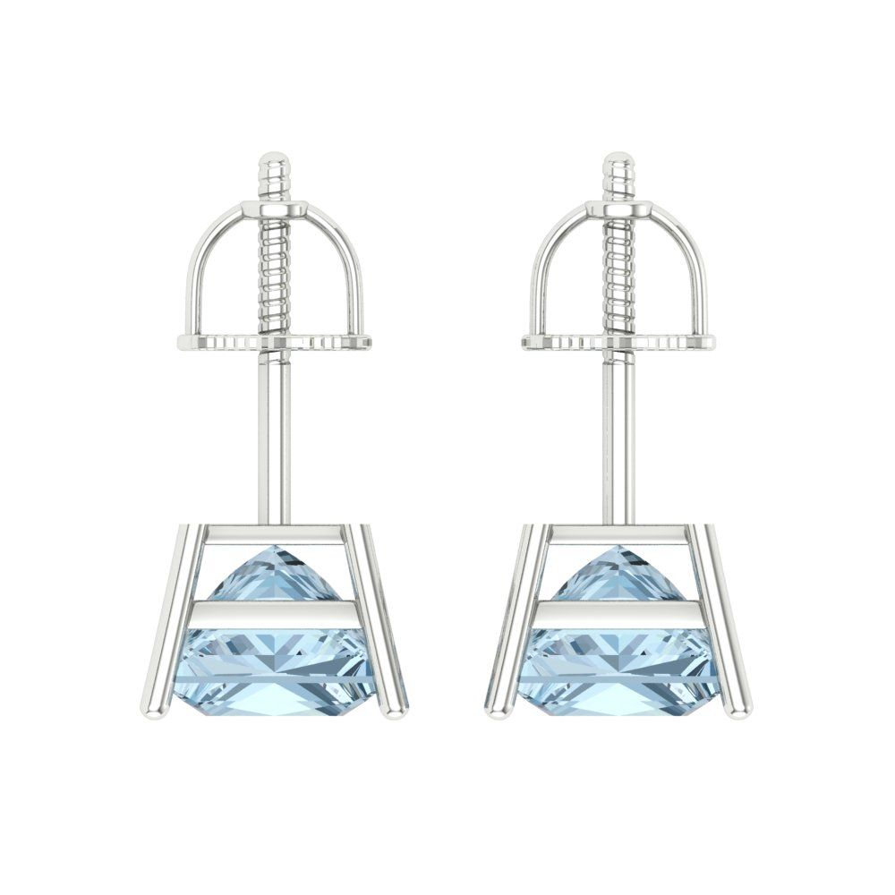 3 ctw Swiss Blue Topaz Studs Earrings | 6.5mm Princess Cut White Gold Screw back | December Birthstone