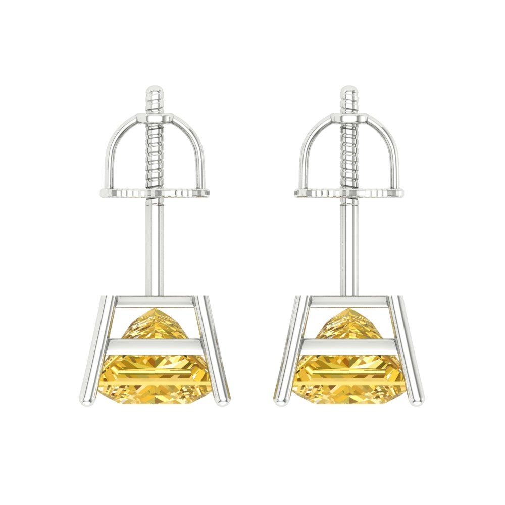 3 ctw Yellow Zirconia Studs Earrings | 6.5mm Princess Cut White Gold Screw back | April Birthstone