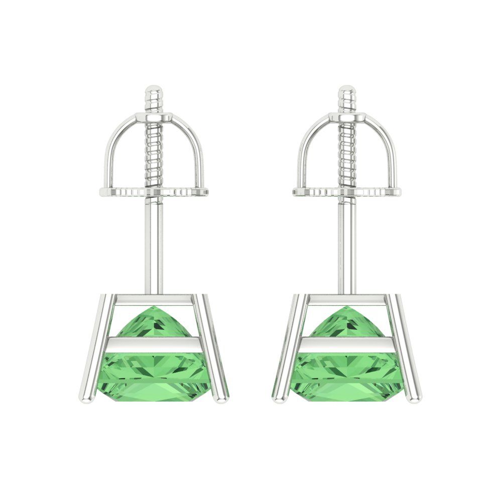 3 ctw Green Zirconia Studs Earrings | 6.5mm Princess Cut White Gold Screw back | April Birthstone