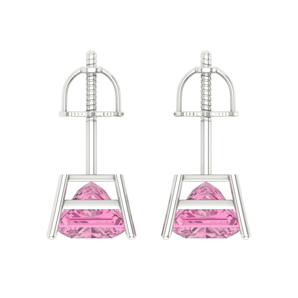3 ctw Pink Zirconia Studs Earrings | 6.5mm Princess Cut White Gold Screw back | April Birthstone
