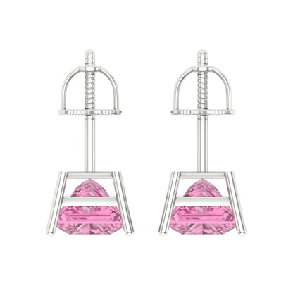 3 ctw Pink Zirconia Studs Earrings | 6.5mm Princess Cut White Gold Screw back | April Birthstone