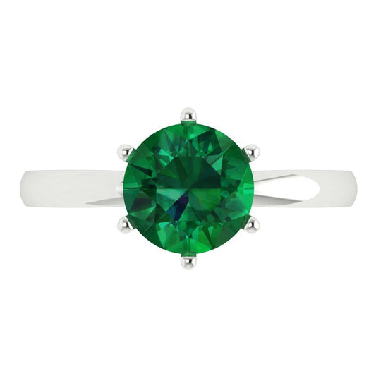 2 cttw Simulated Emerald Solitaire  Engagement Ring - Solid White Gold (VVS1, Round Cut,8.0mm)