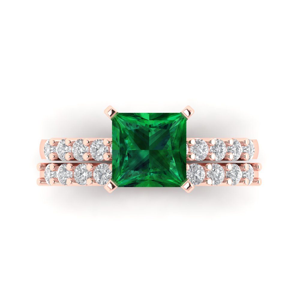 2.63 cttw Princess Cut Simulated Emerald Bridal Set - Solid Rose Gold Engagement Ring & Wedding Band