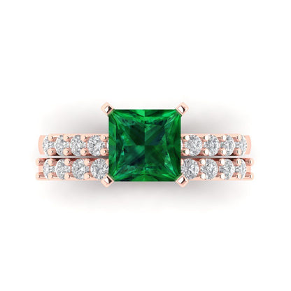 2.63 cttw Princess Cut Simulated Emerald Bridal Set - Solid Rose Gold Engagement Ring & Wedding Band