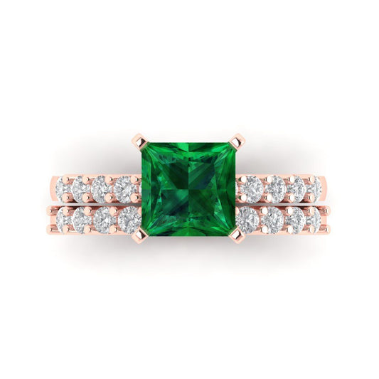 2.63 cttw Princess Cut Simulated Emerald Bridal Set - Solid Rose Gold Engagement Ring & Wedding Band