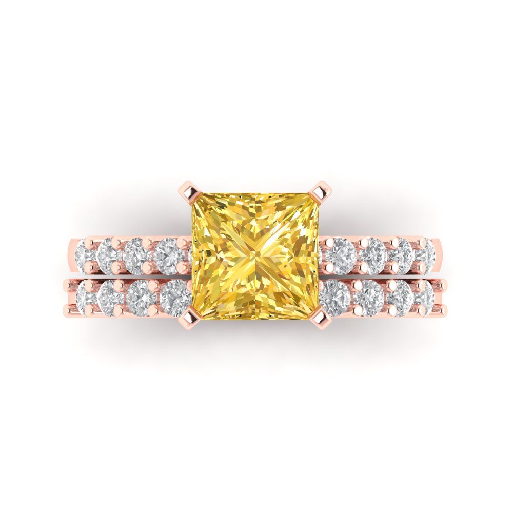 2.63 cttw Princess Cut Simulated Yellow Diamond Bridal Set - Solid Rose Gold Engagement Ring & Wedding Band