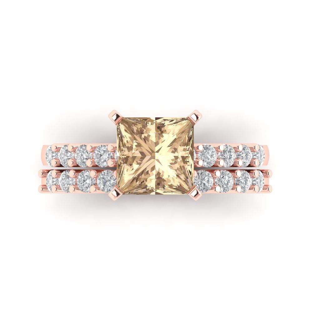 2.63 cttw Princess Cut Yellow Moissanite Bridal Set - Solid Rose Gold Engagement Ring & Wedding Band
