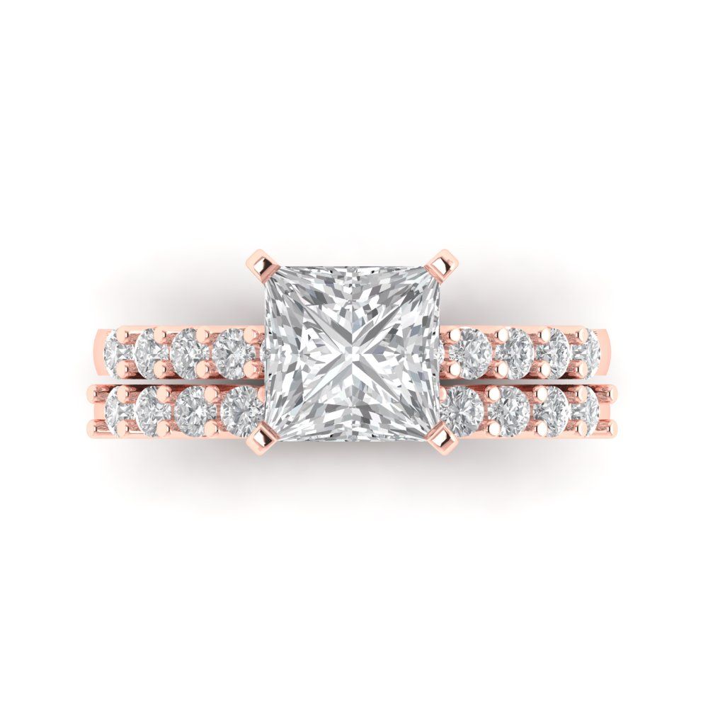 2.66 ct Brilliant Princess Cut Natural Diamond Stone Clarity VS1-2 Color G-H Rose Gold Solitaire with Accents Bridal Set