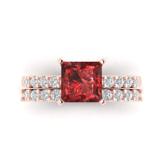2.63 cttw Princess Cut Natural Garnet Bridal Set - Solid Rose Gold Engagement Ring & Wedding Band