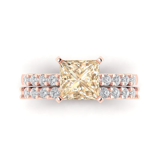 2.63 cttw Princess Cut Natural Morganite Bridal Set - Solid Rose Gold Engagement Ring & Wedding Band
