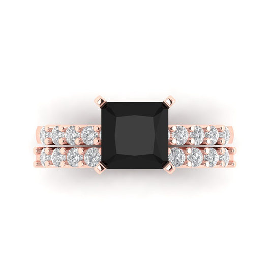 2.63 cttw Princess Cut Natural Onyx Bridal Set - Solid Rose Gold Engagement Ring & Wedding Band