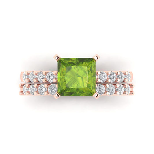 2.63 cttw Princess Cut Natural Peridot Bridal Set - Solid Rose Gold Engagement Ring & Wedding Band