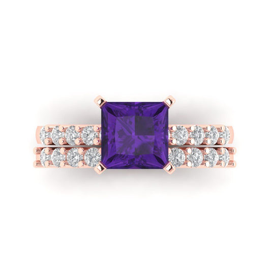 2.63 cttw Princess Cut Natural Amethyst Bridal Set - Solid Rose Gold Engagement Ring & Wedding Band