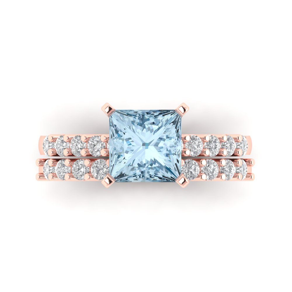 2.63 cttw Princess Cut Natural Sky Blue Topaz Bridal Set - Solid Rose Gold Engagement Ring & Wedding Band