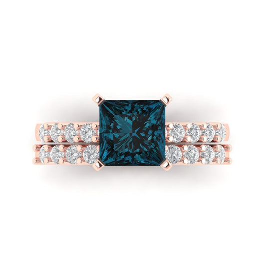 2.63 cttw Princess Cut Natural London Blue Topaz Bridal Set - Solid Rose Gold Engagement Ring & Wedding Band