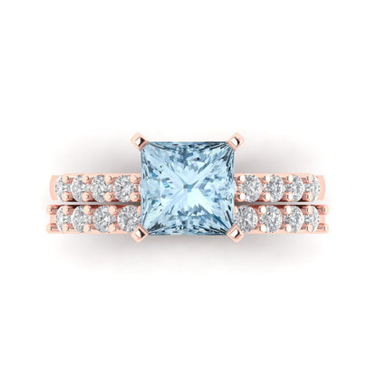 2.63 cttw Princess Cut Natural Swiss Blue Topaz Bridal Set - Solid Rose Gold Engagement Ring & Wedding Band