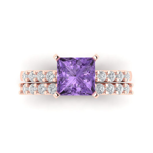 2.63 cttw Princess Cut Simulated Alexandrite Bridal Set - Solid Rose Gold Engagement Ring & Wedding Band