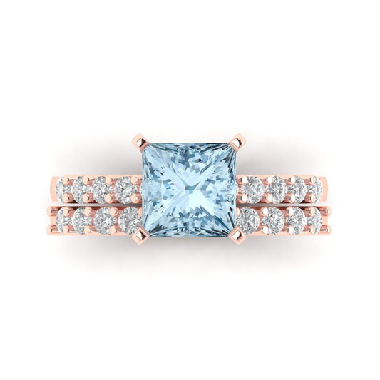 2.63 cttw Princess Cut Simulated Blue Diamond Bridal Set - Solid Rose Gold Engagement Ring & Wedding Band